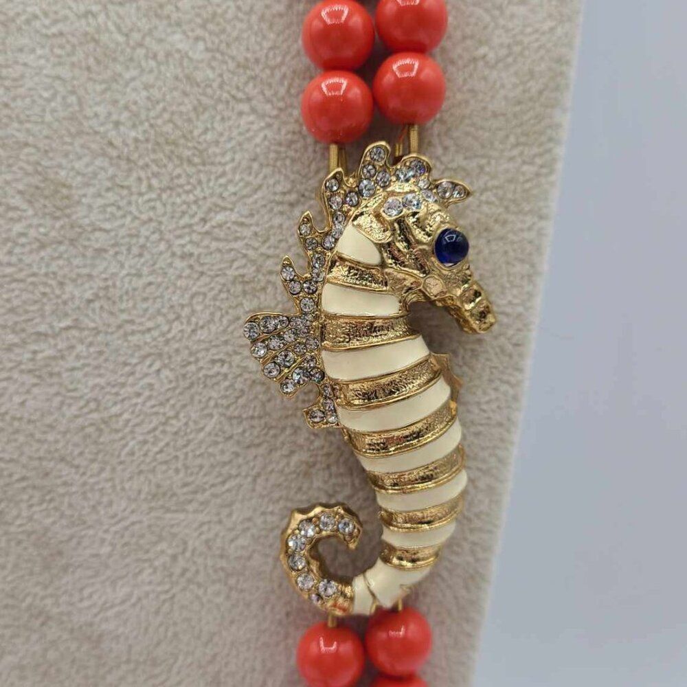 J Crew Reddish Orange Double Strand Beads with Gold Tone Crystal Seahorse - Picture 2 of 8
